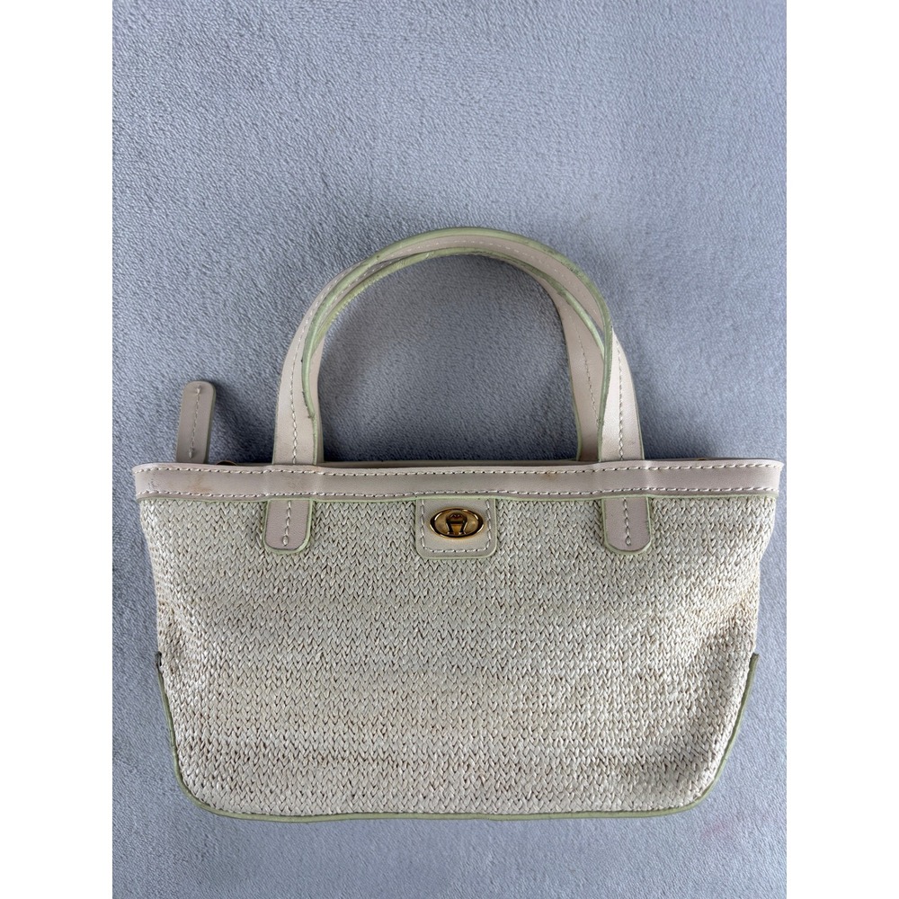 Etienne Aigner Mini Purse Bag Cream Woven Straw Leopard Print Lining
